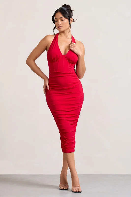 Amy | Red Halter-Neck Corset Ruched Midi Dress