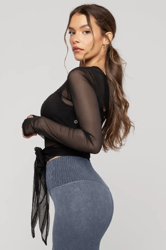 Bow Back Long Sleeve Mesh Top  - Black