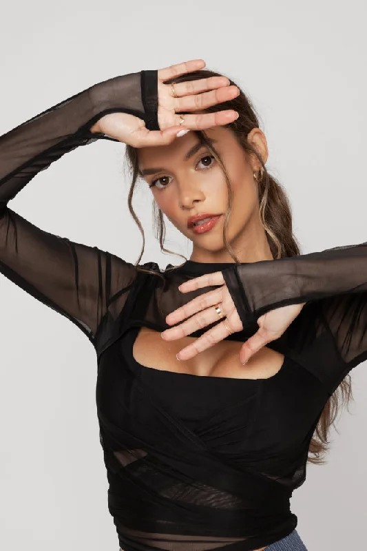 Bow Back Long Sleeve Mesh Top  - Black