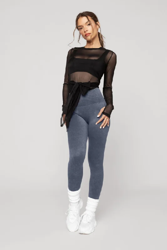 Bow Back Long Sleeve Mesh Top  - Black