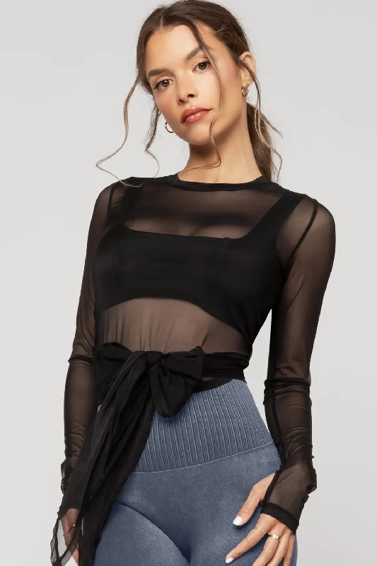 Bow Back Long Sleeve Mesh Top  - Black