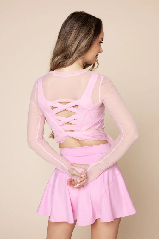 Bow Back Long Sleeve Mesh Top  - Bubblegum