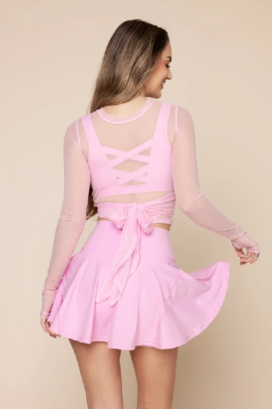 Bow Back Long Sleeve Mesh Top  - Bubblegum