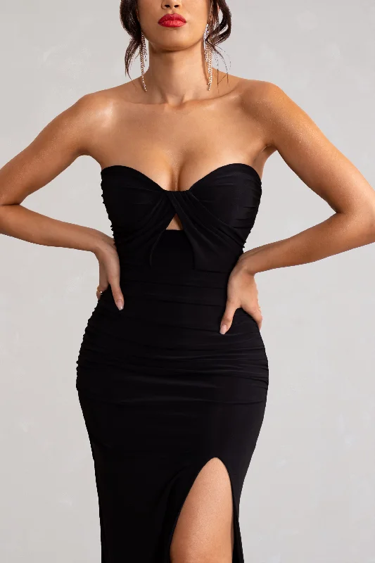 Florencia | Black Sweetheart Bandeau Neckline Maxi Dress With Front Drape Detail