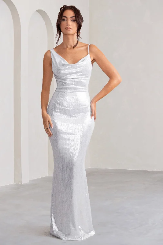 Galaxy Shimmer | Silver Bias Cut Cowl Front Maxi Dress