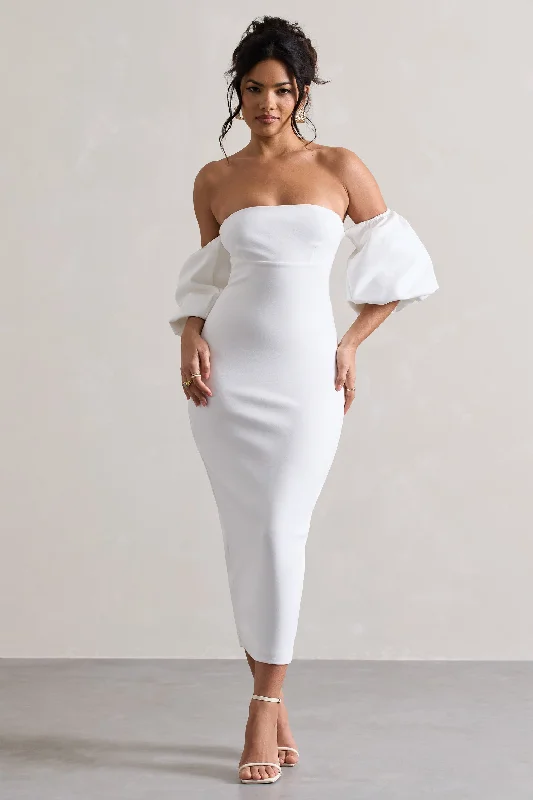 Keira | White Bardot Puff-Sleeve Midi Dress