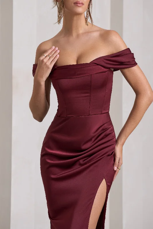 Kimberly | Burgundy Bardot Fishtail Satin Maxi Dress