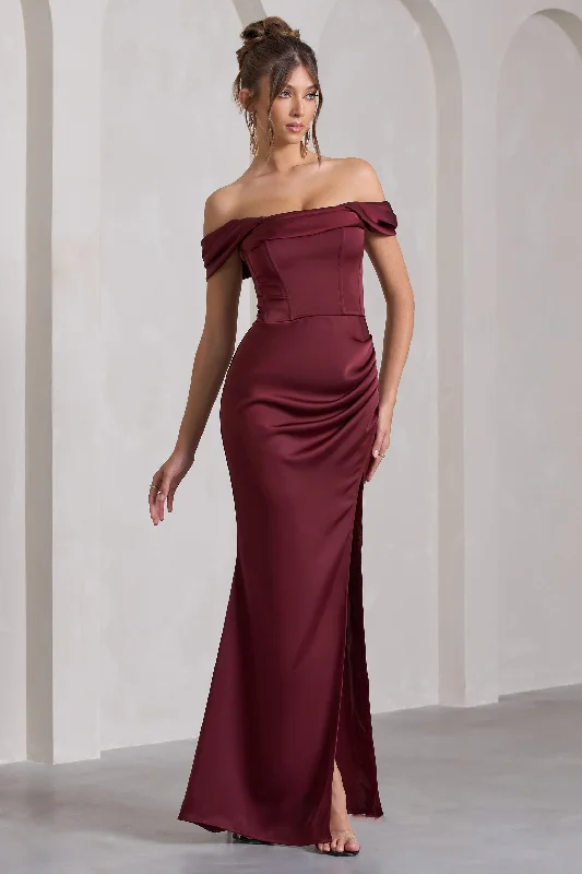 Kimberly | Burgundy Bardot Fishtail Satin Maxi Dress