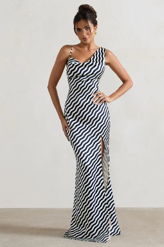 Magnetic | Navy Wave Print Cowl-Neck Split Maxi Dress