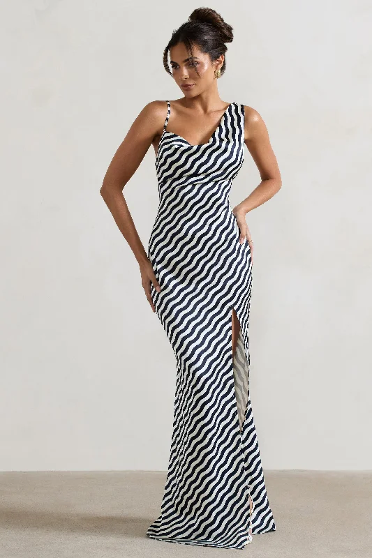 Magnetic | Navy Wave Print Cowl-Neck Split Maxi Dress