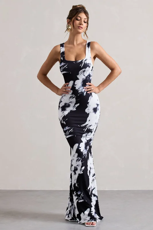 Mahina | Monochrome Floral Print Square-Neck Maxi Dress