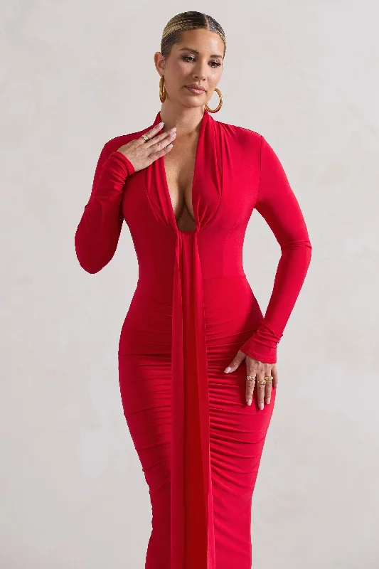 Risha | Red Plunge-Neck Long-Sleeve Drape Maxi Dress