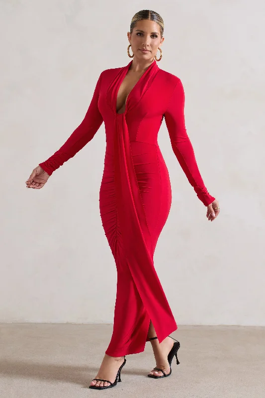 Risha | Red Plunge-Neck Long-Sleeve Drape Maxi Dress