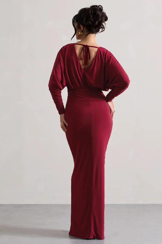 Ruth | Berry Draped Plunge-Neck Maxi Dress