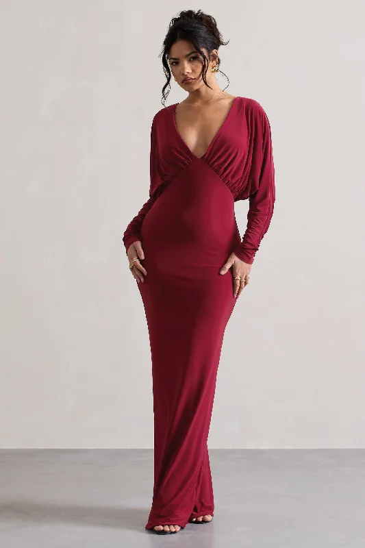 Ruth | Berry Draped Plunge-Neck Maxi Dress