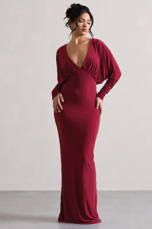 Ruth | Berry Draped Plunge-Neck Maxi Dress