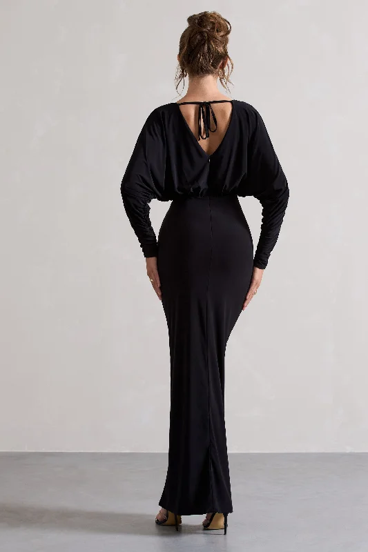 Ruth | Black Draped Plunge-Neck Maxi Dress