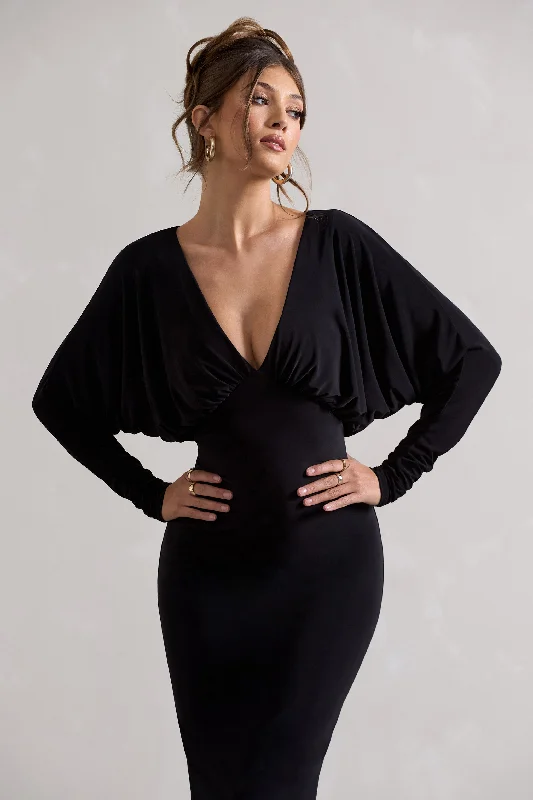 Ruth | Black Draped Plunge-Neck Maxi Dress