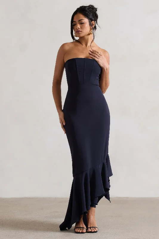 Sandy | Navy Strapless Corset Asymmetric Maxi Dress