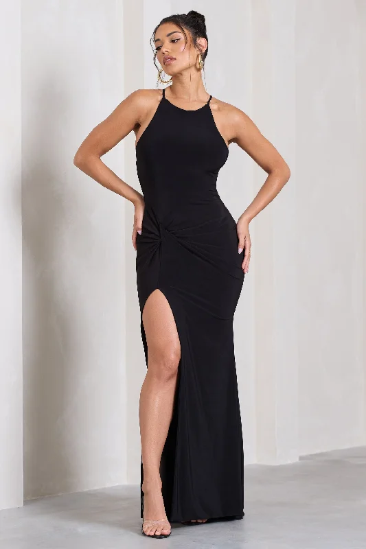 Stellar | Black Halter-Neck Twisted Split Maxi Dress