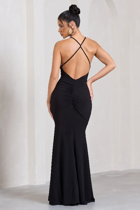 Stellar | Black Halter-Neck Twisted Split Maxi Dress