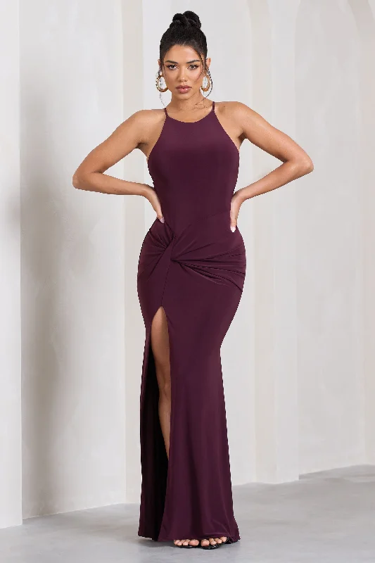 Stellar | Plum Halter-Neck Twisted Split Maxi Dress