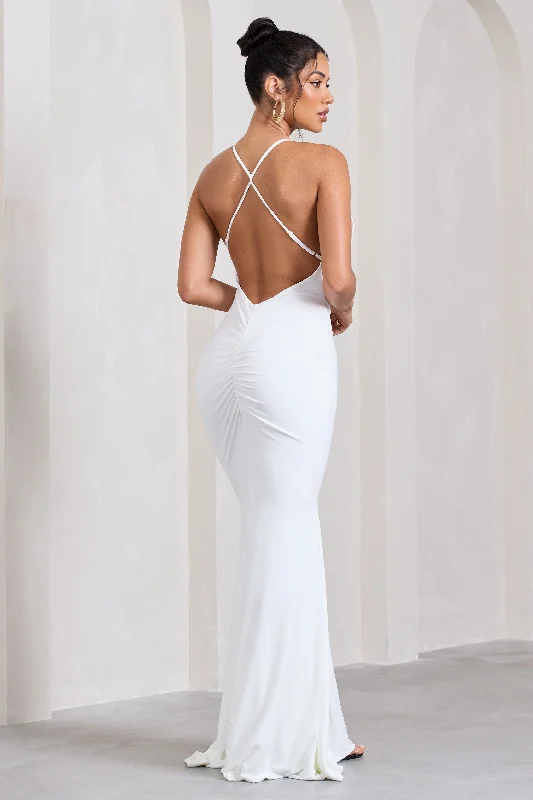 Stellar | White Halter-Neck Twisted Split Maxi Dress