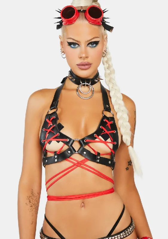 Black & Red Faux Leather Lace-Up Bra Top