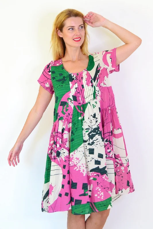 Abstract Pink Green Peasant Tunic Dress