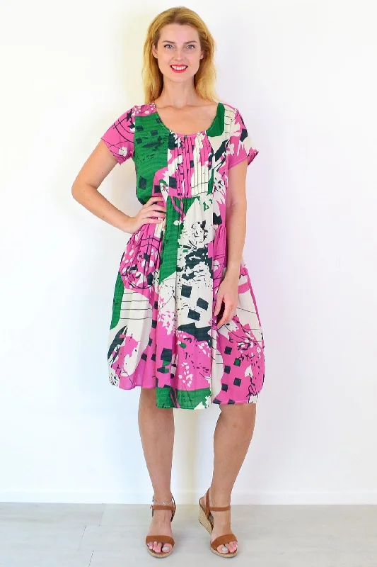 Abstract Pink Green Peasant Tunic Dress