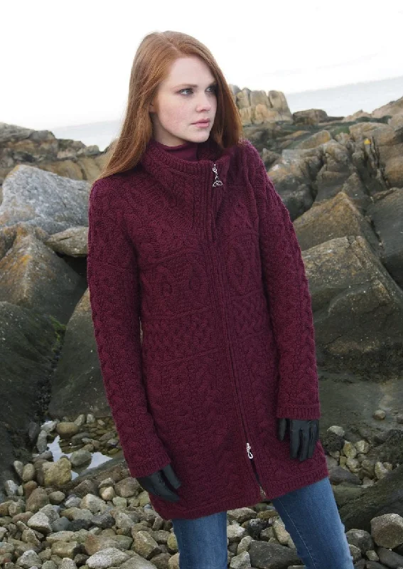 Double Collar Aran Sweater Coat | Wine