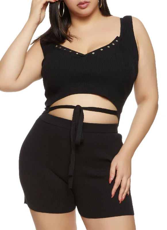 Plus Size Daisy Tie Front Cropped Tank Top