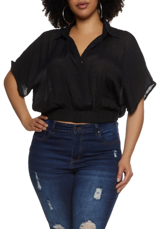 Plus Size Elastic Waist Cropped V Neck Shirt