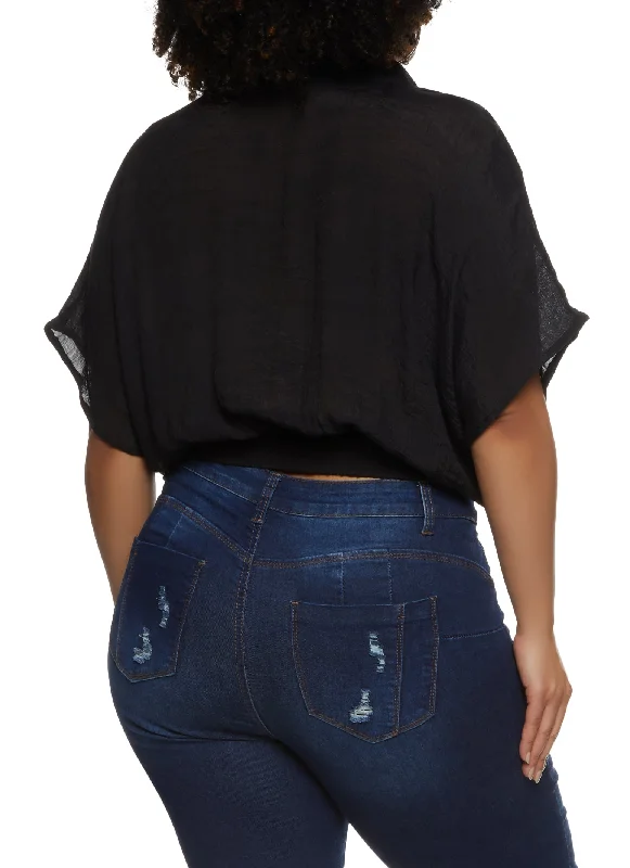 Plus Size Elastic Waist Cropped V Neck Shirt