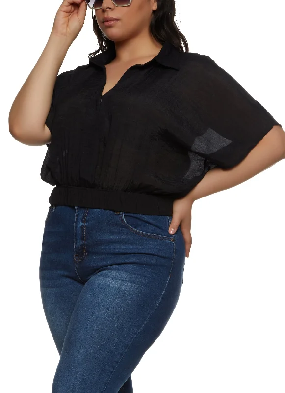 Plus Size Gauze Knit Elastic Waist Cropped Shirt