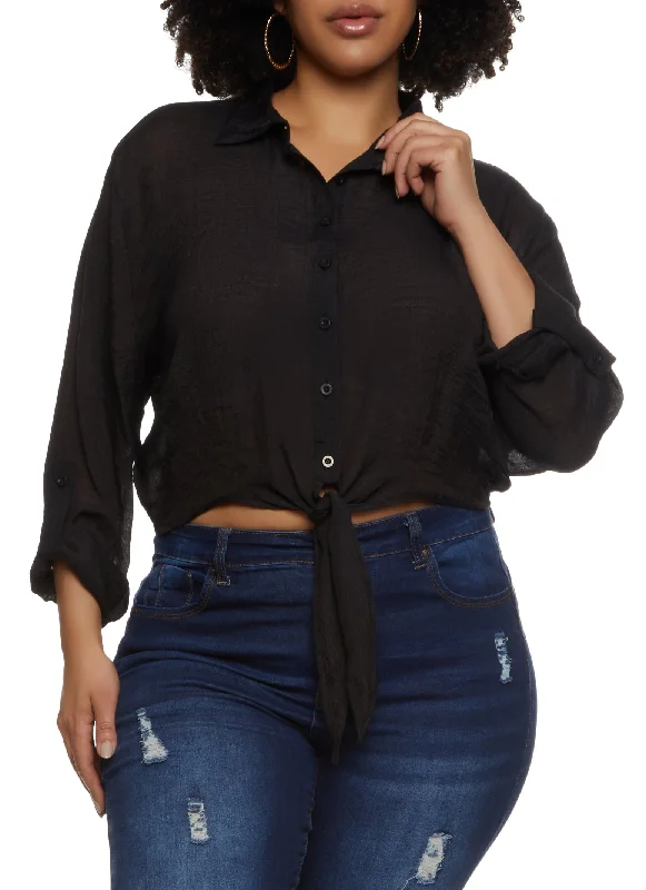 Plus Size Gauze Knit Tie Front Cropped Shirt