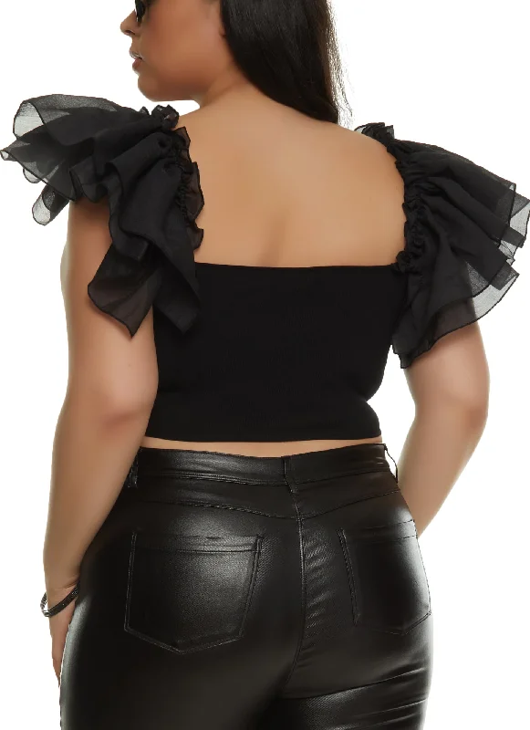 Plus Size Ribbed Flutter Sleeve Crop Top