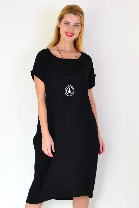 Black Short Sleeve Side Pockets Linen Dress