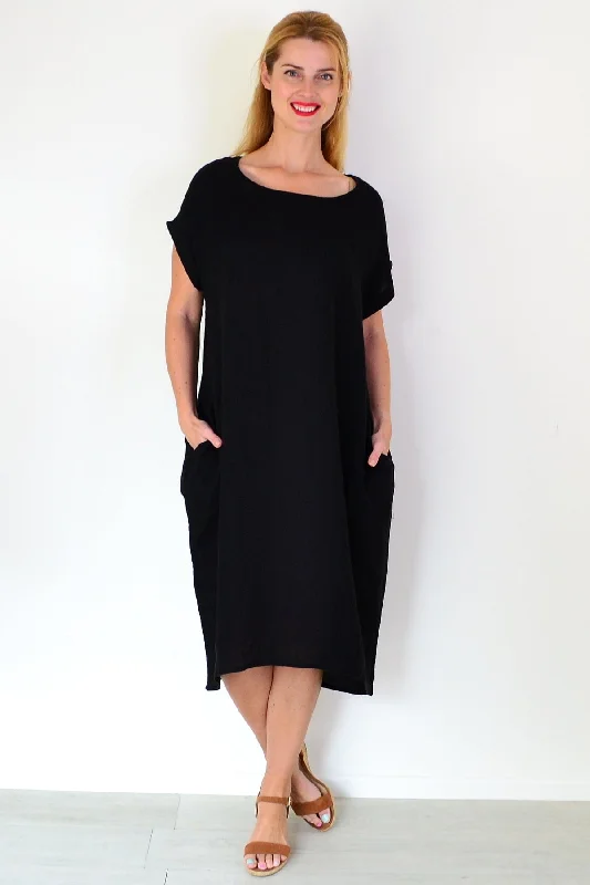 Black Short Sleeve Side Pockets Linen Dress