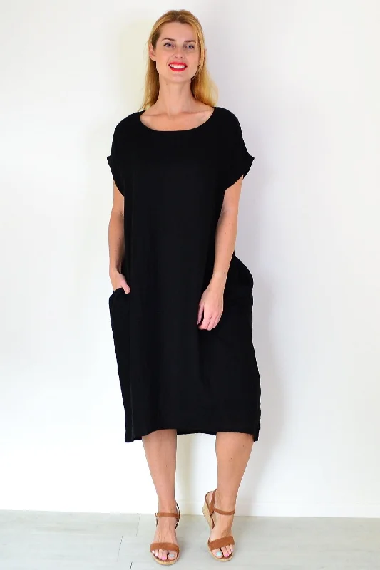 Black Short Sleeve Side Pockets Linen Dress