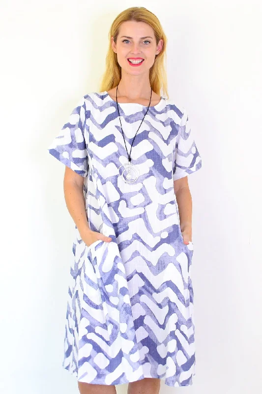 Blue Watercolour Cotton Linen Tunic Dress