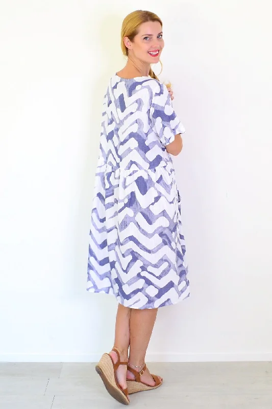 Blue Watercolour Cotton Linen Tunic Dress