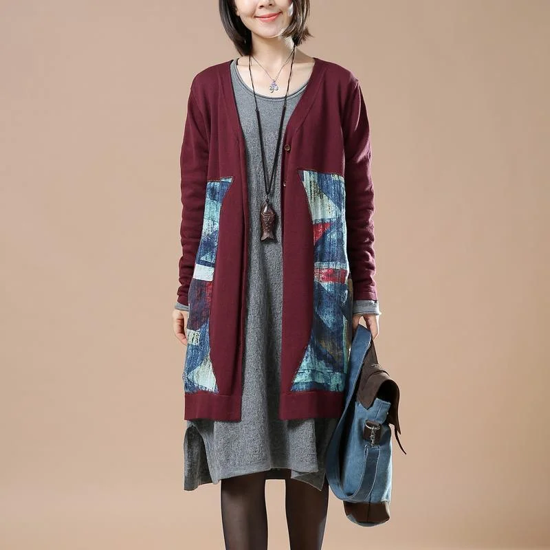 Burgundy floral knit cardigans oversize jackets