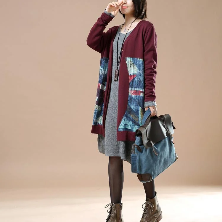 Burgundy floral knit cardigans oversize jackets