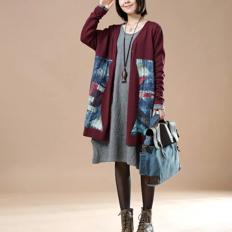 Burgundy floral knit cardigans oversize jackets