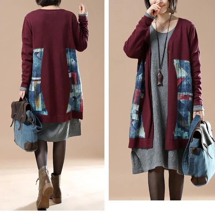 Burgundy floral knit cardigans oversize jackets