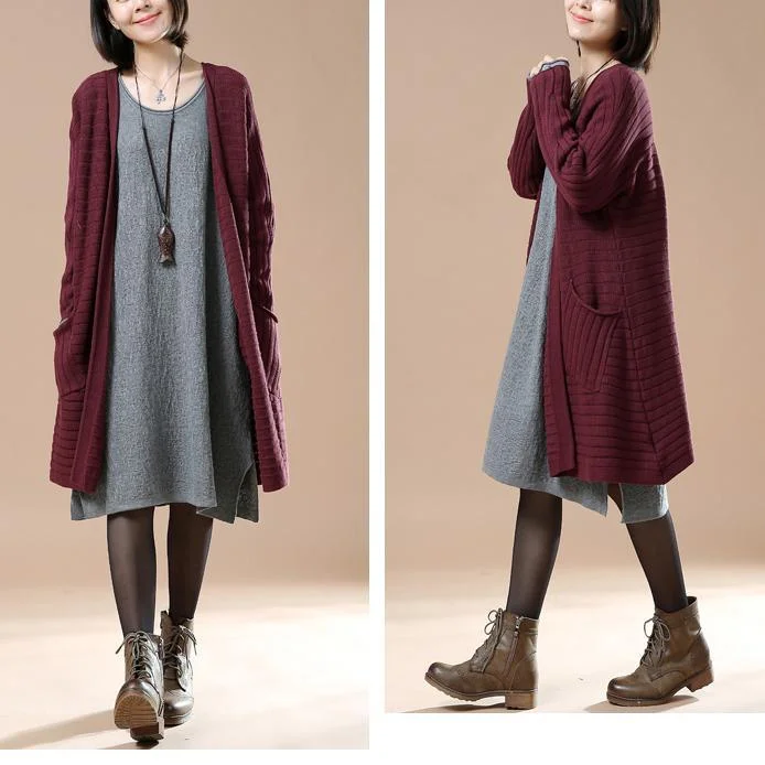 Burgundy woman sweaters long cardigans coats