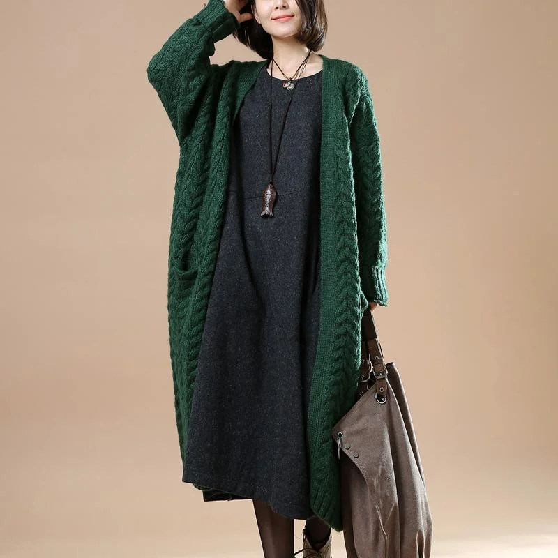 Cable knit sweaters long oversize cardigans blackish green