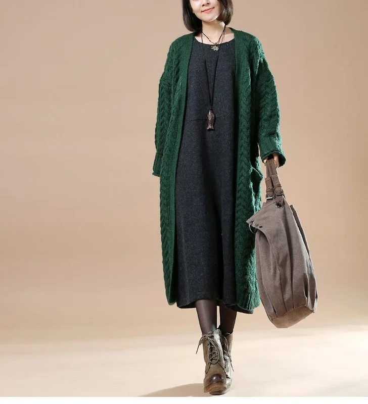 Cable knit sweaters long oversize cardigans blackish green