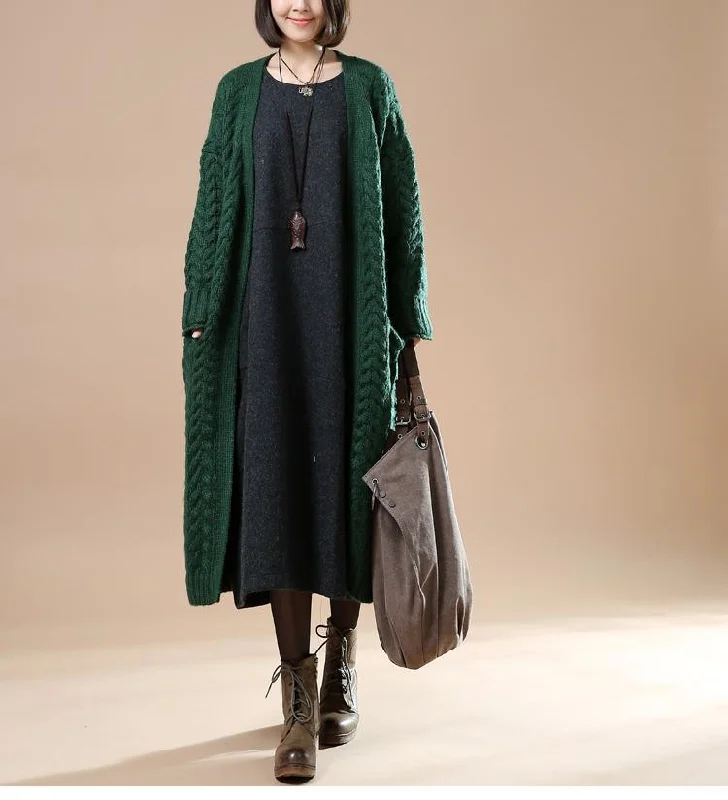 Cable knit sweaters long oversize cardigans blackish green